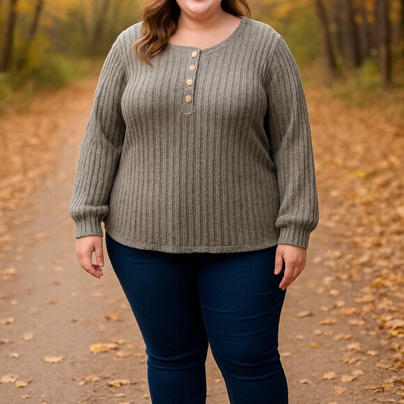 DB MOON Ribbed Olive Henley-Style Knit Top β 2XL - Picture 12 of 12